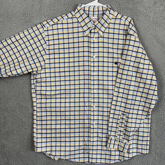 Brooks Brothers 346 Supima Cotton Shirt Button Down Mens XL Blue Yellow Plaid